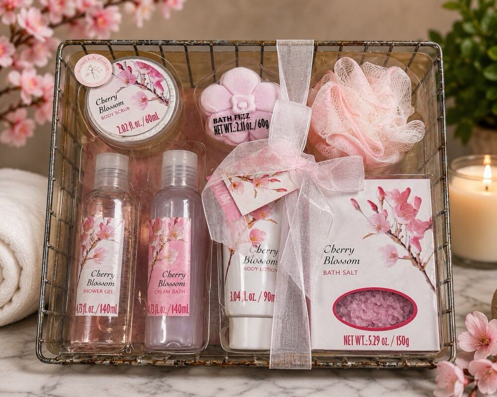 Cherry Blossom Spa Gift Basket Bath Set Lotion Scrub Salts Pouf Floral